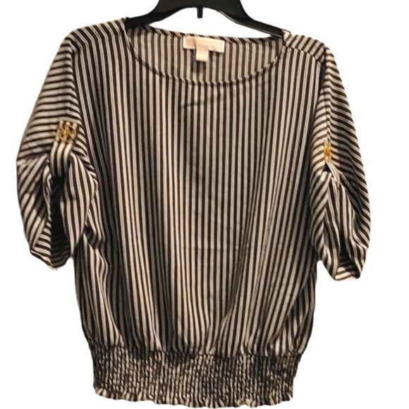 MICHAEL KORS  Logo Sleeve Smocked Waist Striped Lightweight Top Ivy Green Small - Picture 1 of 7